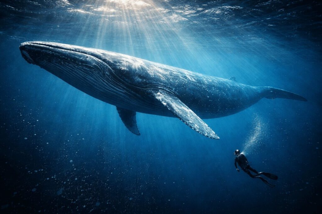 Baleine bleue nageant dans l'océan profond, le plus grand animal marin du monde