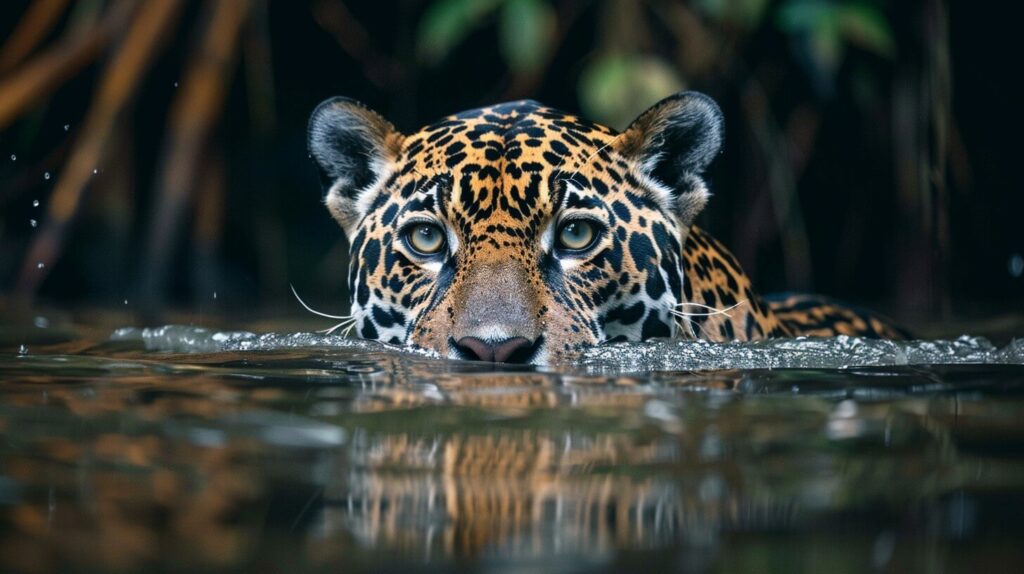 Jaguar nageant dans une rivière d'Amazonie