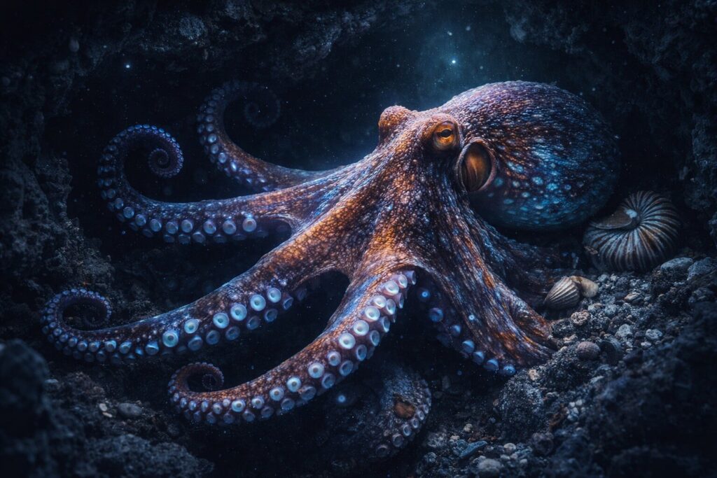 Pieuvre changeant de couleur sur un récif corallien, mollusque marin intelligent