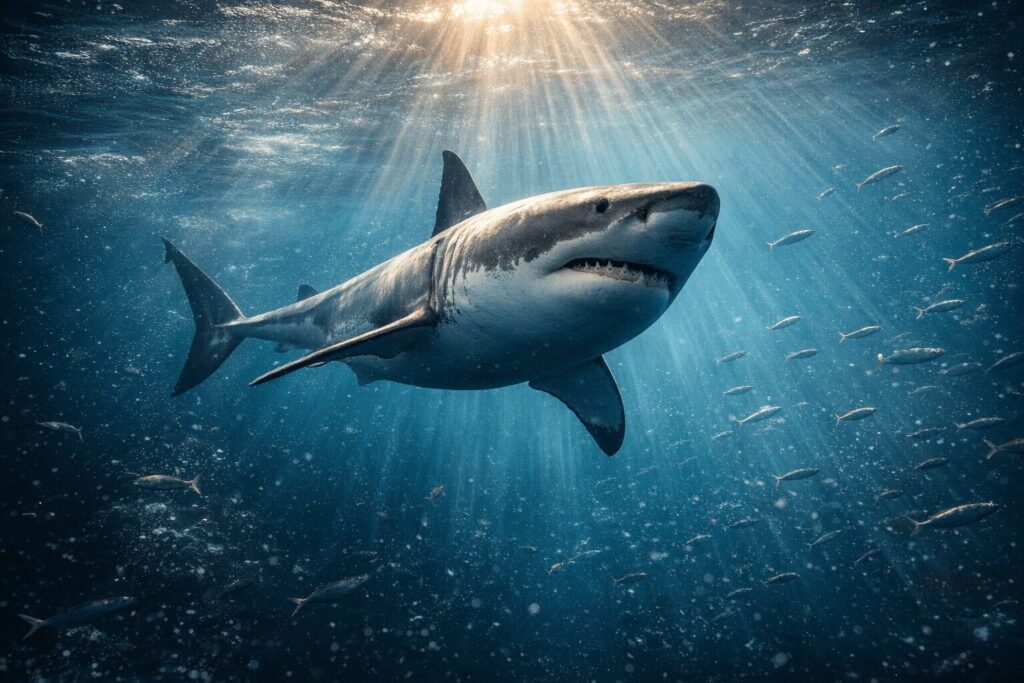 Grand requin blanc nageant en pleine mer avec des rayons de soleil, prédateur des océans