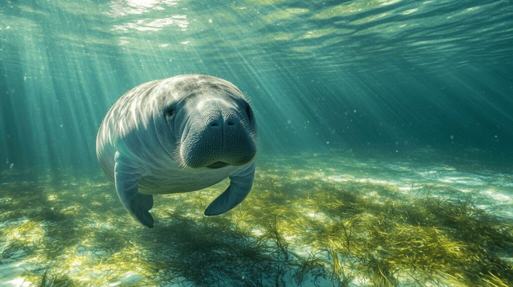 Lamantin nageant paisiblement dans des eaux tropicales claires, sirénien aussi appelé vache de mer