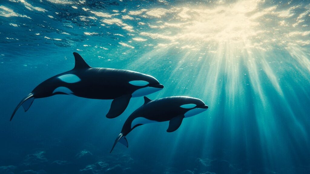 Orque femelle nageant avec son petit dans des eaux claires, lien maternel chez les cétacés