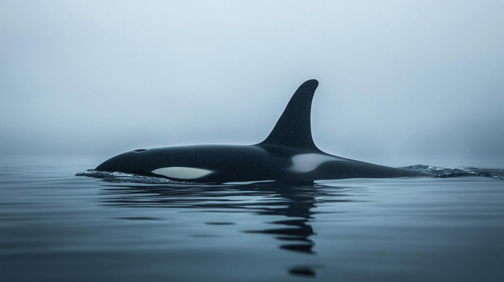 Orque mâle avec sa grande nageoire dorsale droite nageant en surface dans des eaux froides