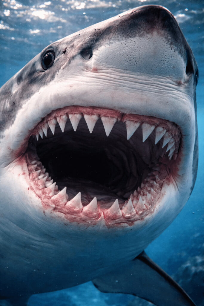 Gros plan sur la mâchoire d'un requin montrant plusieurs rangées de dents triangulaires