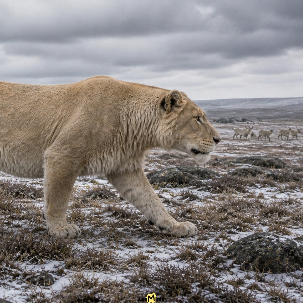 Lion des cavernes sans crinière marchant dans une plaine glaciaire avec un troupeau de rennes au loin