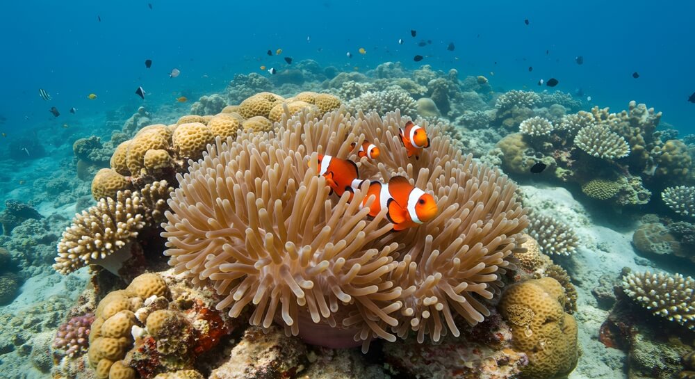 Poisson-clown orange et blanc niché dans les tentacules d'une anémone de mer