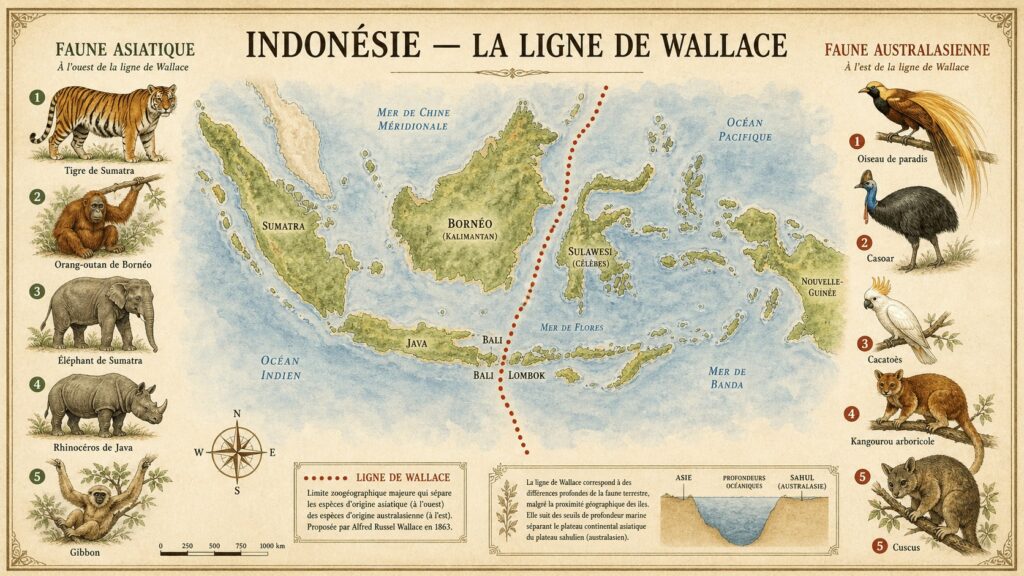 Comparaison côte à côte d'un tigre asiatique et d'un cacatoès australien représentant les deux faunes séparées par la ligne de Wallace