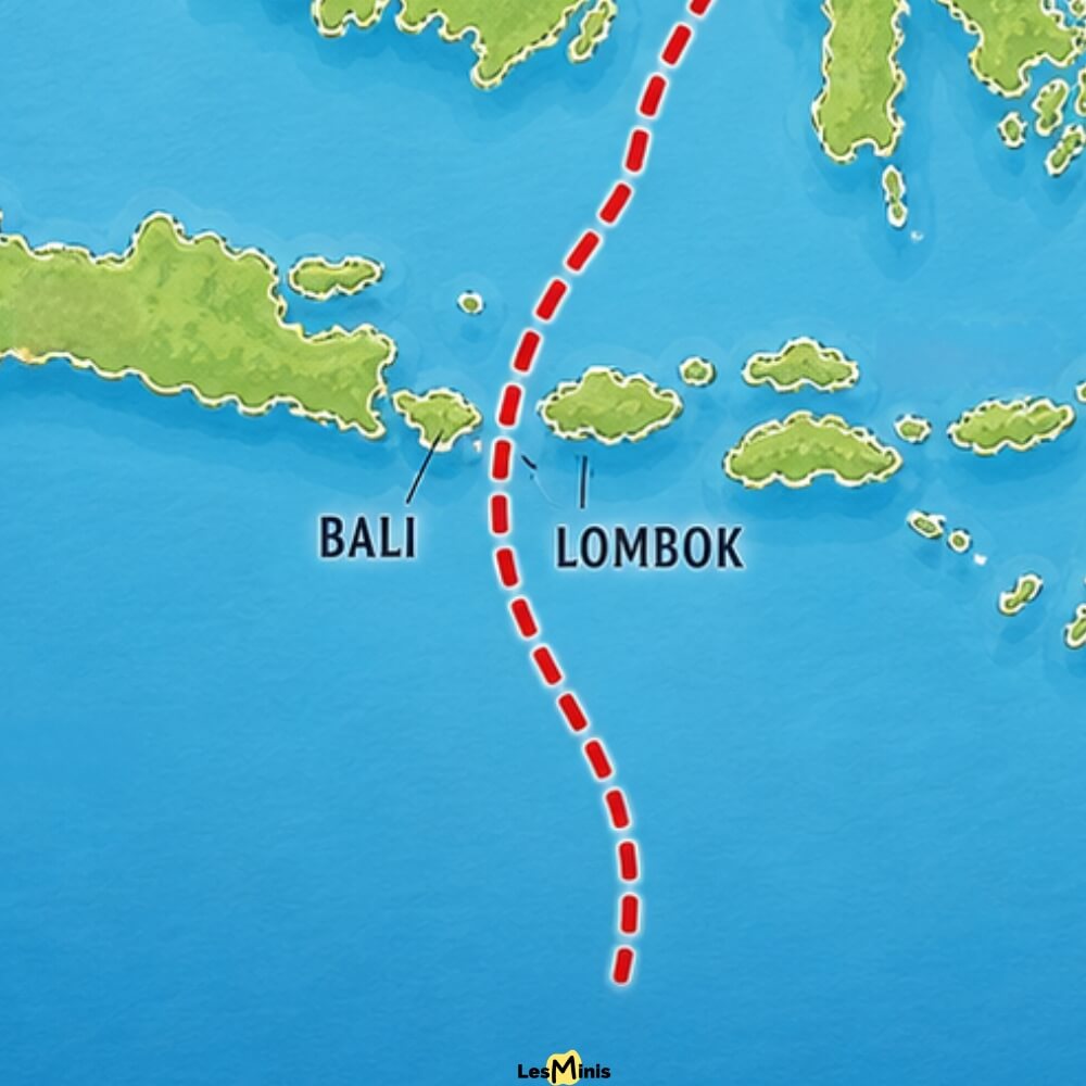Vue aérienne du détroit de Lombok séparant les îles de Bali et Lombok en Indonésie avec un petit bateau