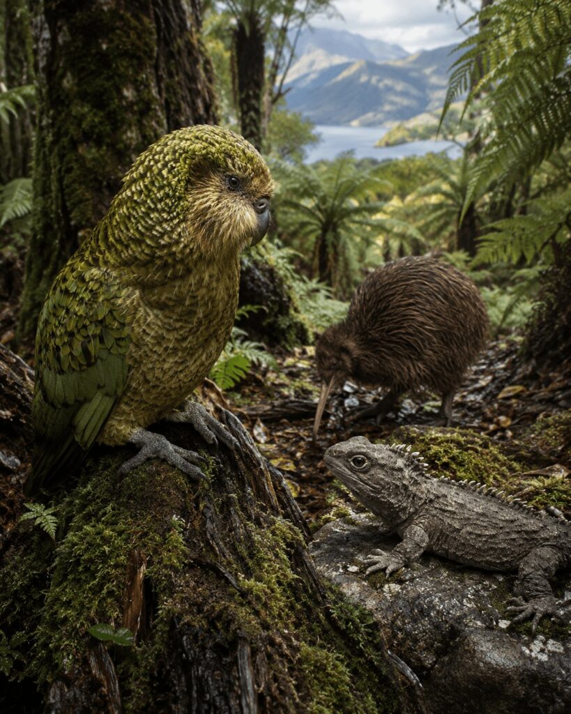 Faune endémique de Nouvelle-Zélande avec kiwi tuatara et kakapo dans un environnement forestier sans aucun serpent