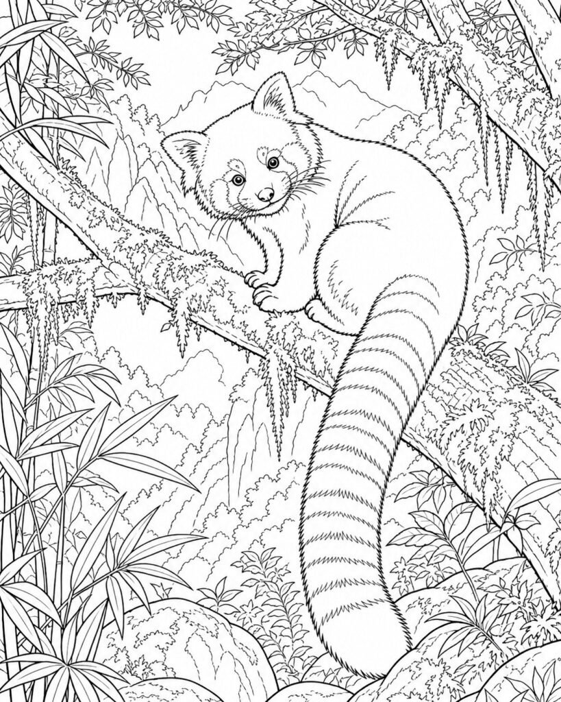 Dessin réaliste d'un panda roux perché sur une branche dans la forêt himalayenne