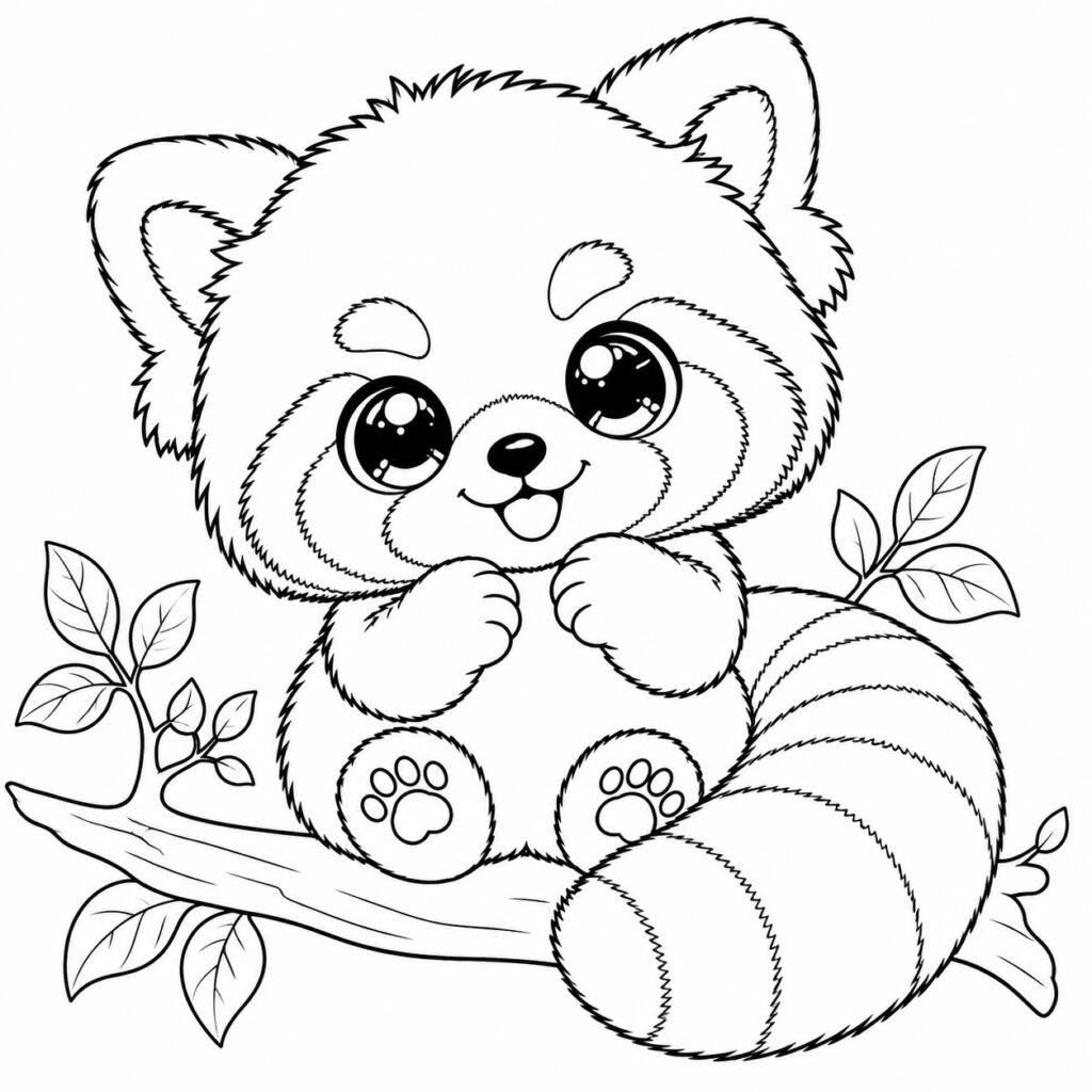 Coloriage panda roux kawaii assis sur une branche, style mignon pour enfant