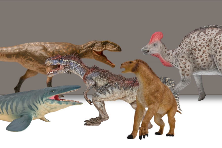 Figurines de dinosaures réalistes : tyrannosaure, tricératops, mosasaure et stégosaure