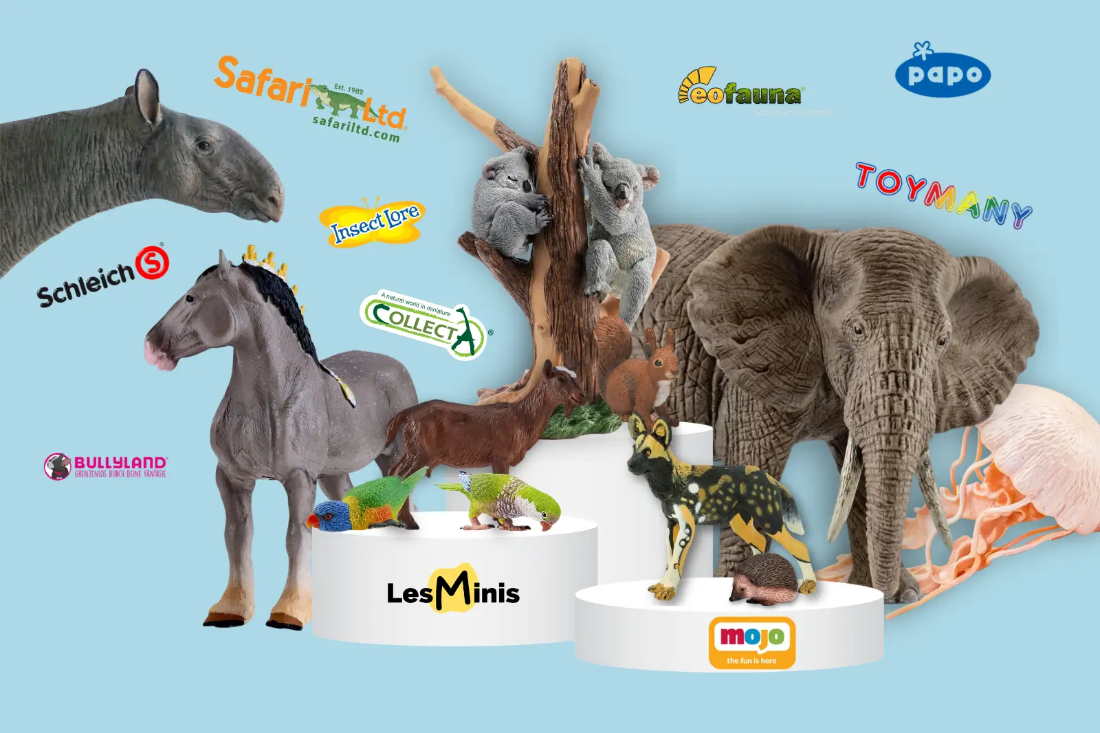 Figurines d'animaux réalistes de plusieurs marques (Safari Ltd, Schleich, CollectA, Papo, Mojo, Eofauna, Bullyland, Toymany) : éléphant, cheval, koalas, lycaon, perroquets, écureuil et hérisson