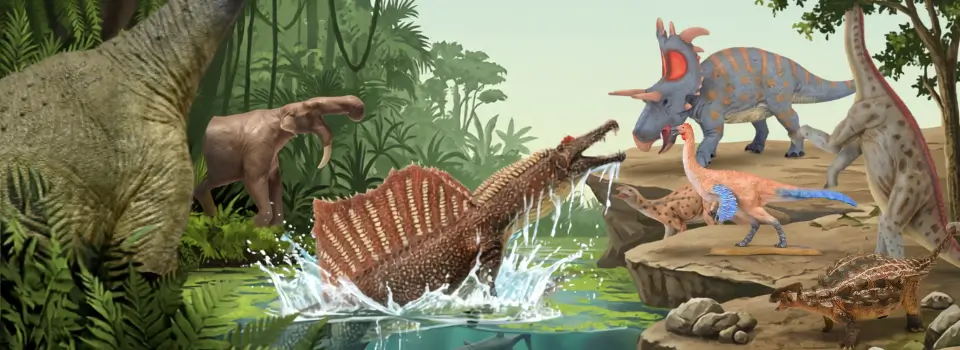Figurines de dinosaures dans un décor de jungle : spinosaure jaillissant de l'eau, cératopsien, ankylosaure et sauropodes au bord d'un point d'eau