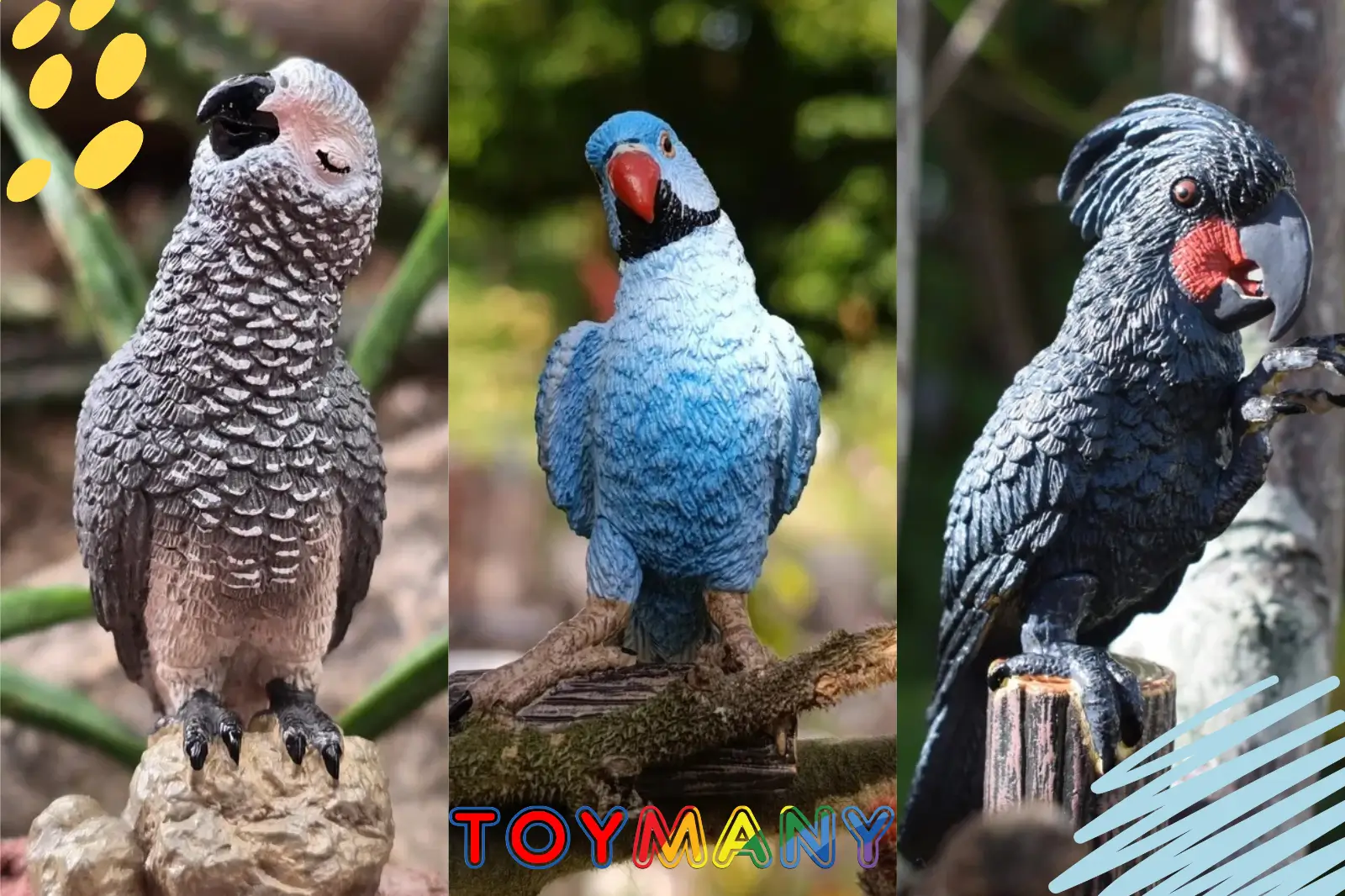 Trois figurines de perroquets réalistes Toymany dans un décor végétal : perroquet gris du Gabon, perroquet bleu et cacatoès noir